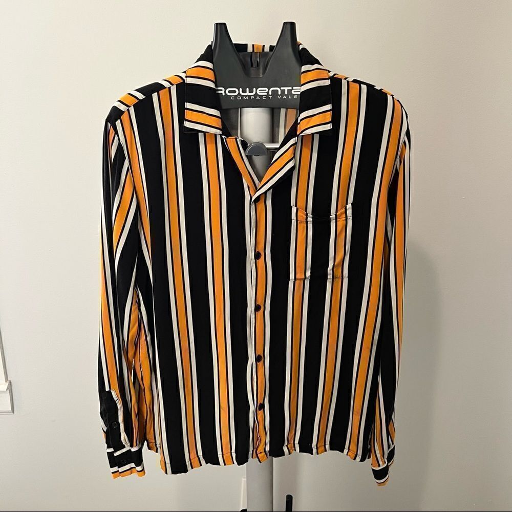 Forever 21 Mens Large Button Up Shirt Navy, Yellow & White Vertical Stripes